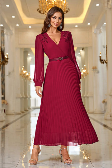 Burgundy A-Line Belted Formal Dress with Long Sleeves